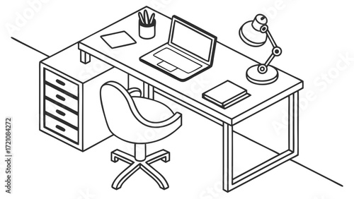 Isometric Line Art Office Workspace Illustration with Laptop, Desk Lamp, Chair, and Filing Cabinet for Business Productivity