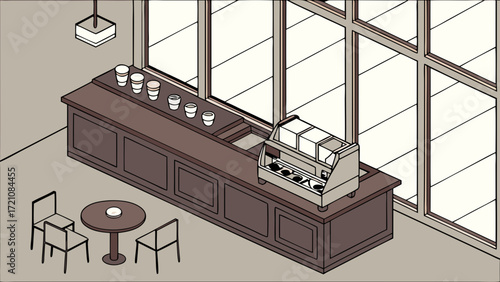 Retro Isometric Cafe Interior Illustration: Empty Coffee Shop with Espresso Machine, Counter, Seating Area, and Large Windows