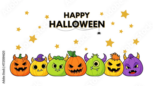 Spooky Halloween: a vibrant, cartoonish display with grinning pumpkins and whimsical stars, embodying the fun of the holiday season.