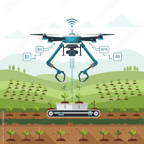 Advanced drone technology meticulously plants seedlings in a lush agricultural field, revolutionizing modern farming efficiency and precision.