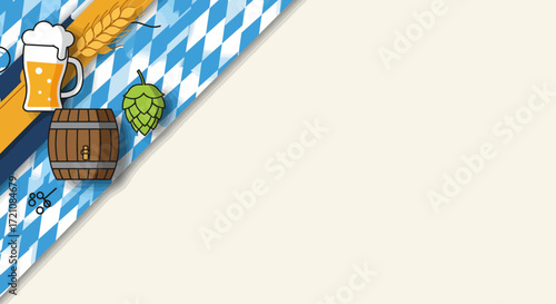 A stylish flat design banner background for Oktoberfest, featuring the iconic Bavarian flag pattern and minimalist symbols like a beer barrel and hop cones. 