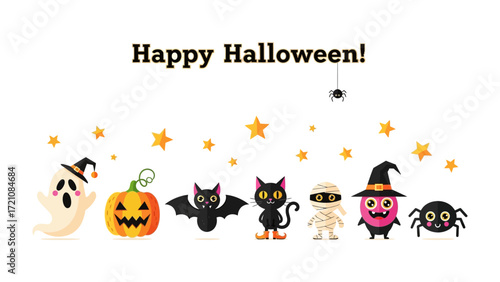 Spooky Halloween Characters : A playful and whimsical scene featuring a collection of iconic Halloween characters, each exuding a unique charm and festive spirit, set against a backdrop of stars.