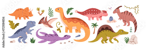 Cute dinosaurs set. Kawaii baby dino, jurassic historic reptile animals. Prehistoric species, brachiosaurus, triceratops, tyrannosaurus rex. Kids flat vector illustrations isolated on white background