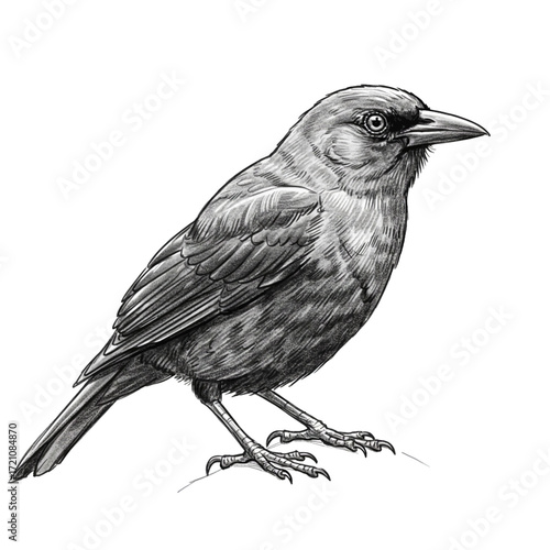 Striking Black and White Sketch of a Crow Perched, showcasing its intelligent gaze and detailed feather texture, standing on a rock.
