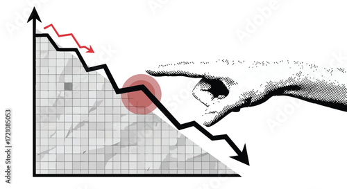 A hand pushes down on a declining line graph, symbolizing economic recession, market manipulation, or business failure.