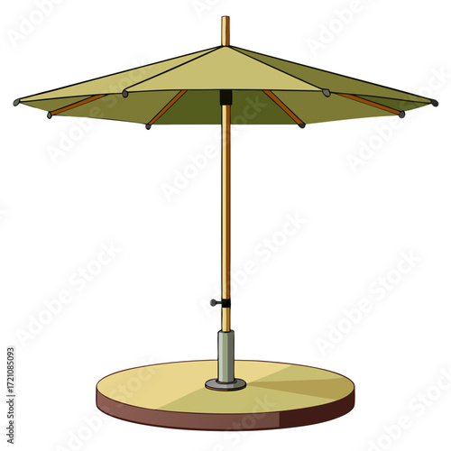 Patio umbrella with green canopy on circular base for outdoor use  