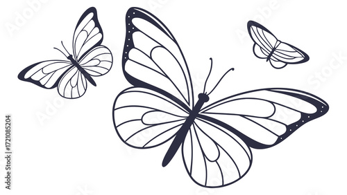 Elegant Flying Butterflies Line Art Illustration Set. Monochrome Hand-Drawn Insect Design. Simple Outline Drawing of Graceful Butterfly Group.