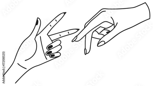 Elegant Minimalist Line Art Illustration of Two Hands with Dark Nails Interacting, Stylized Gesture Design