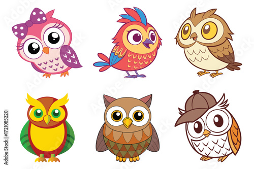 Six colorful cartoon owls display varied designs and characteristics, shown against a transparent backdrop
