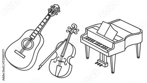 Classic Musical Instruments Line Art Collection: Acoustic Guitar, Violin with Bow, and Grand Piano Outline Illustration on White Background