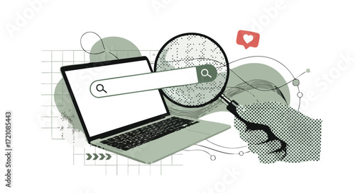 Magnifying glass explores laptop search bar capturing digital information and online trends for insightful discovery