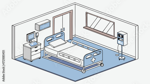 Isometric Illustration of a Modern Hospital Room with Medical Bed and Equipment, Healthcare Facility Graphic Design Element