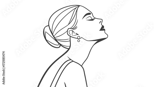 Elegant Woman Profile Line Art Illustration with Serene Upward Gaze and Closed Eyes. Minimalist Female Beauty Sketch