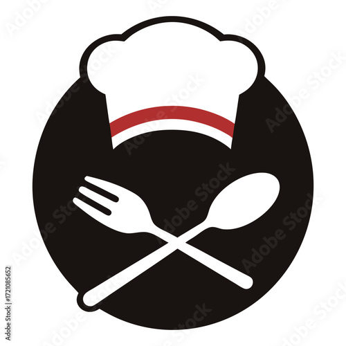White chef's hat and silver fork with spoon inside dark brown circle, transparent background