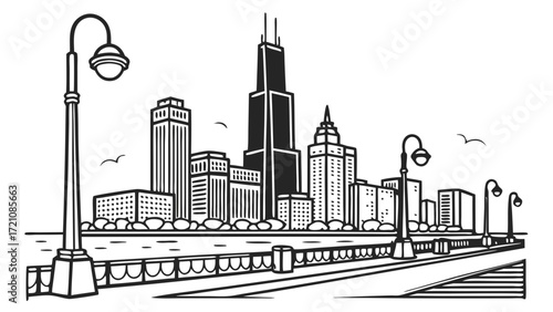 Monochrome Urban Skyline Vector Illustration featuring Waterfront Buildings and Streetlights