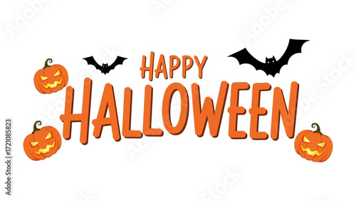 Halloween Greeting with Spooky Embellishments: Festive Halloween greeting, featuring carved pumpkins, bats and vibrant orange typography, this scene captures the essence of the season.