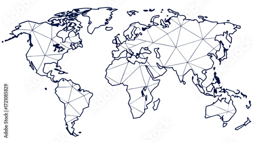Geometric World Map Outline with Connected Network Grid on White Background - Global Digital Communication and Technology Concept