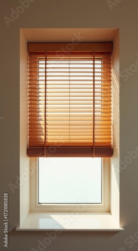 Window with a wooden blind on it