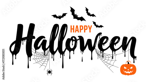 Happy Halloween: Spooky elements, like bats, spiders, and a carved pumpkin with a gleeful grin, evoke the fun and thrilling spirit of Halloween. Celebrate the holiday with this whimsical illustration.