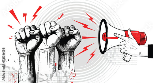 Illustration depicting a protest with raised fists and a megaphone, symbolizing activism and social movements.