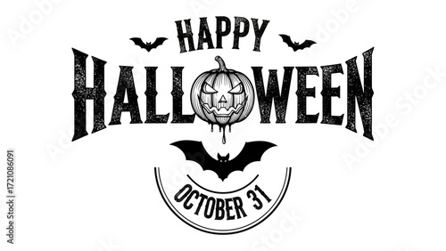 Happy Halloween: A festive Halloween greeting card or logo with intricate illustration, designed for the joyous celebration, which featuring the spooky holiday spirit.