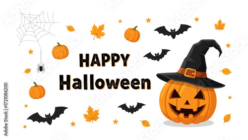 Spooky Season's Greetings: A festive illustration captures the essence of Halloween, with jack-o'-lantern, playful bats, intricate spiderwebs, and seasonal foliage to evoke that thrill and excitement