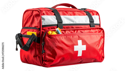 Medical Backpack-Style First Aid Kit with Zippers Partially Open, Angled Side View, PNG