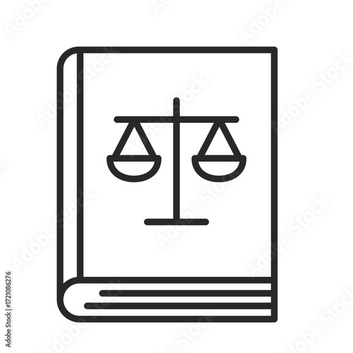 Law book line icon with scale of justice symbol for legal clip art.