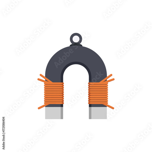 Electromagnet with a horseshoe shaped core and orange coiled wires used for scientific experiments in physics and engineering