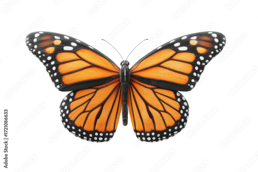 Fototapeta premium Vibrant monarch butterfly with orange and black patterned wings, cut out
