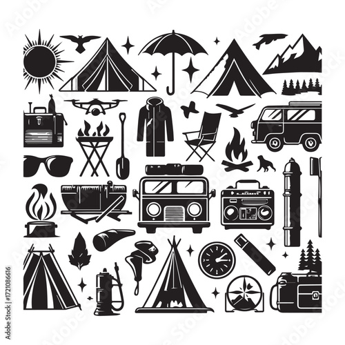 Assortment of camping and outdoor activity icons and silhouettes Keywords: camping, tent, umbrella, sun, drone, jacket, chair, campfire, dog, vehicle, van, radio, flashlight, mountains, trees