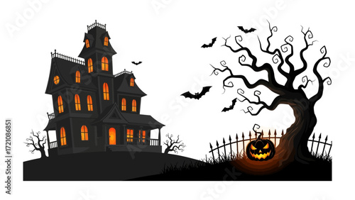 Spooky Halloween Scene: An illustration of a haunted house with eerie atmosphere. An evocative illustration of a haunted house with ghoulish ambiance.