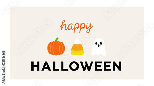 Spooky Season's Greetings: A cute Halloween illustration featuring a vibrant orange pumpkin, a handful of candy corn, and a friendly ghost, conveying the joy and excitement of Halloween. 