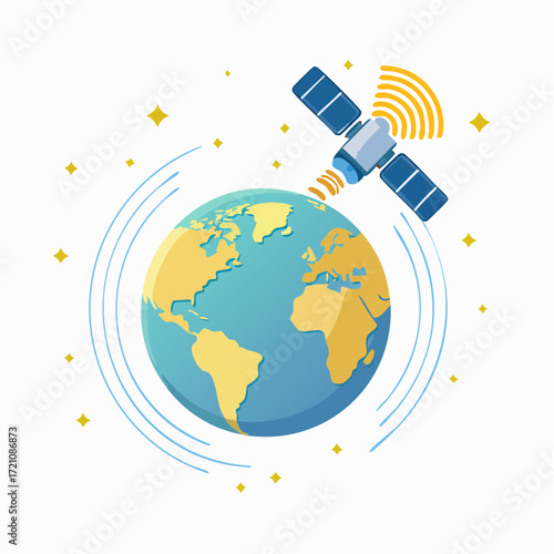 Satellite orbiting Earth, broadcasting signals.
