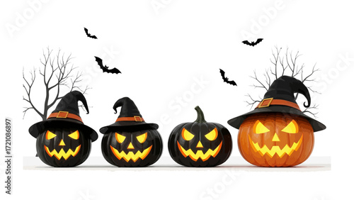 Halloween Pumpkin Faces: A quartet of illuminated pumpkin faces, each sporting a witch hat, cast eerie glows against the backdrop, a testament to the holiday's spooky spirit.
