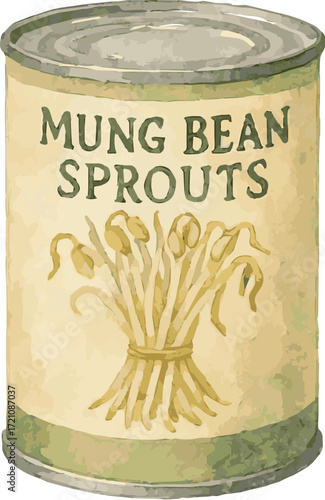 Vector watercolor painted illustration of a cartoon mungo bean sprouts can