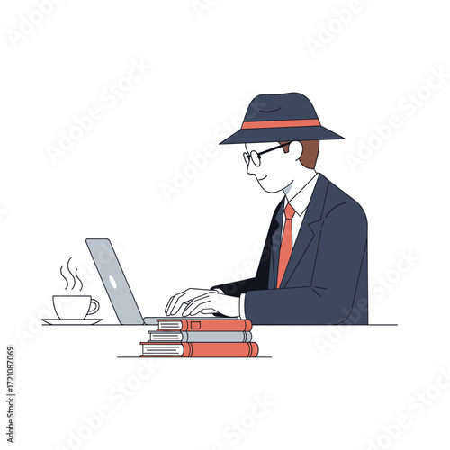 Man in blue suit working on laptop at desk with books and coffee.