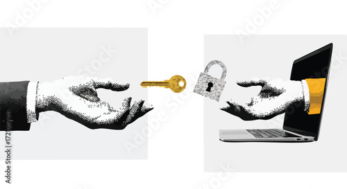 A hand extending a key to another hand, symbolizing access and security, with a laptop displaying a padlock.
