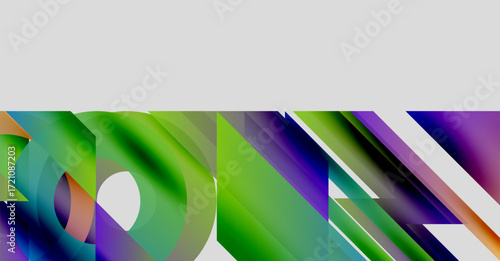 Abstract colorful shapes overlap, creating dynamic visual effect. Gradient hues blend, forming modern composition. Brightness contrasts sharply with dark background.