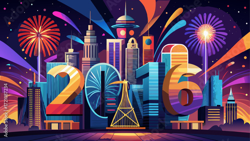 City skyline with fireworks celebration