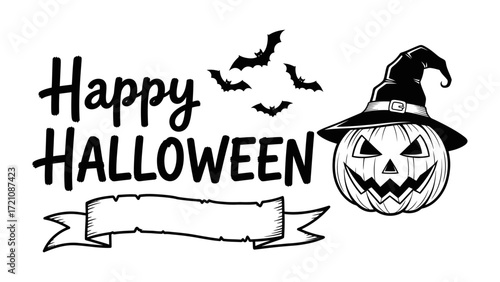 Happy Halloween: A spooky Halloween illustration featuring a grinning pumpkin wearing a witch hat, accompanied by bats and a decorative banner, creates a festive and fun seasonal scene.