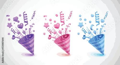 Three colorful party poppers bursting with confetti, stars, hearts, and streamers, celebrating.