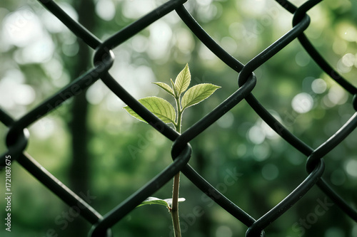closeup green plants growing wired fence concept primer plano de plantas verdes creciendo junto a una valla metálica gros plan sur des plantes vertes poussant sur une clôture grillagée