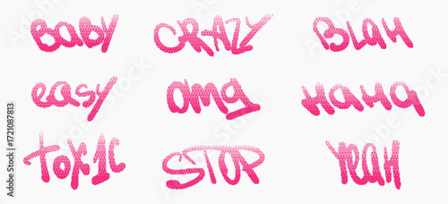Set of bold graffiti lettering in pink with pixel dither effect. Designed for streetwear decoration, digital collages, youth culture visuals, and early 2000s style projects.