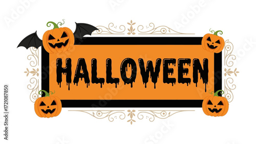 Halloween Banner: A decorative Halloween banner featuring spooky jack-o'-lanterns, bats and an ornate frame. The banner exudes a sense of festive excitement and playful scare.