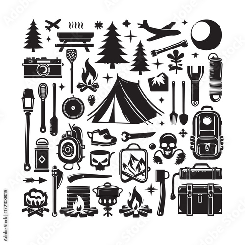 Camping and Adventure Icons with Tents Airplanes and Campfires vector illustration