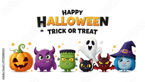 Happy Halloween Trick or Treat: A whimsical, festive composition with cheerful and cartoonish Halloween characters ready for a night of fun and treats. evoking the spooky season's spirit.