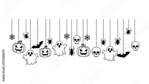 Spooky Halloween decorations: A festive black and white Halloween decorations banner with grinning jack-o'-lanterns, eerie ghosts, creepy spiders, bats, and grinning skulls.