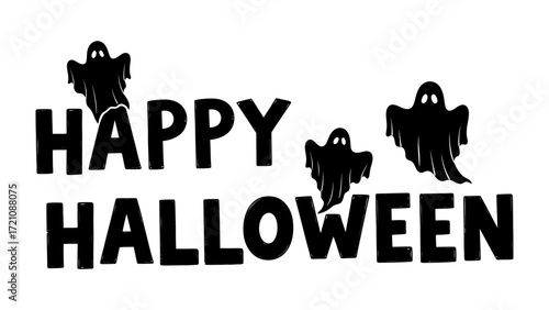 Spooky Halloween: A spooky, stylized illustration of “Happy Halloween” with ghostly silhouettes drifting playfully. Embrace the fun of this eerie holiday.