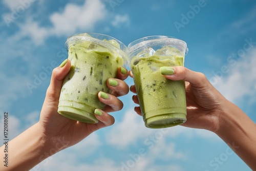 Wallpaper Mural Two people are holding up two cups of green tea. The cups are plastic and the people are smiling. Scene is happy and friendly Torontodigital.ca